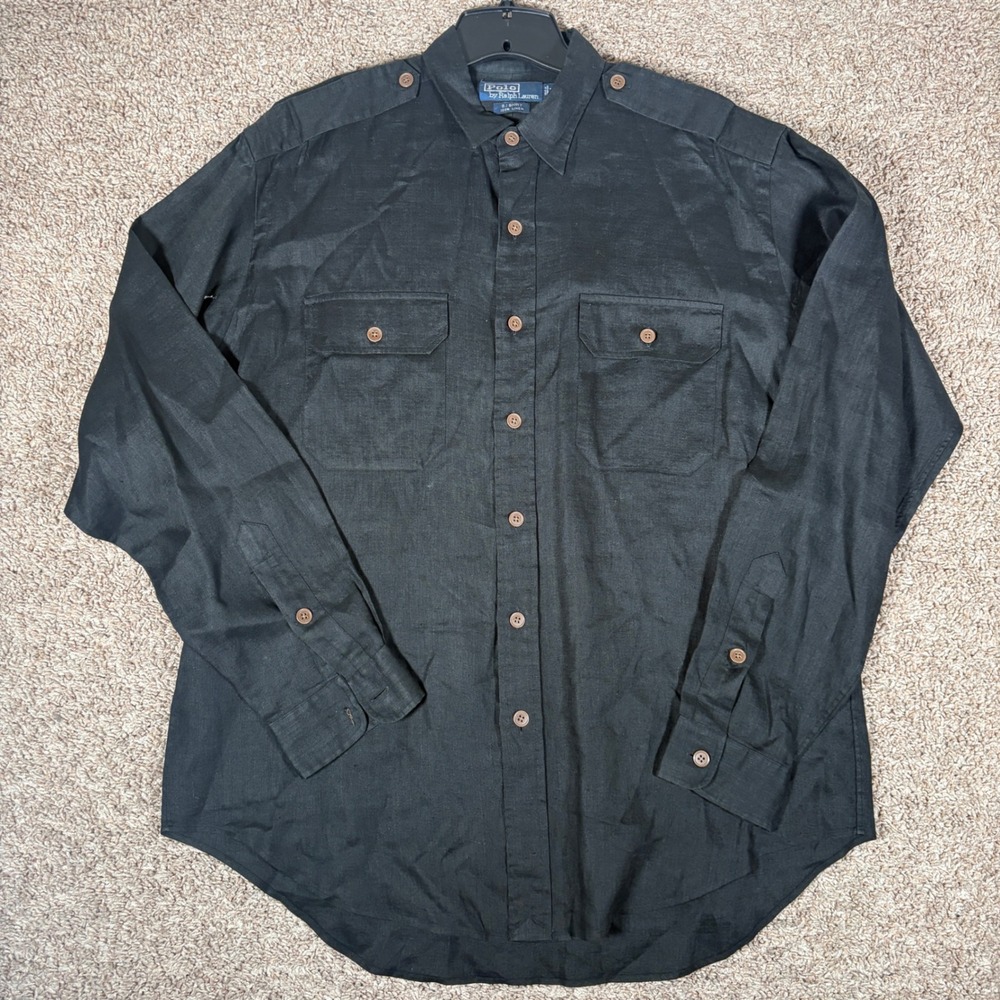 Polo Ralph Lauren Mens G.I. Shirt Black 100% Linen Military Button Down Large